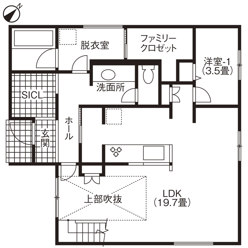 ヤマト住建 【４LDK/吹き抜け/家事ラク】家族との時間が増える、自然光あふれる吹き抜けリビングの間取り図（4LDK）1階
