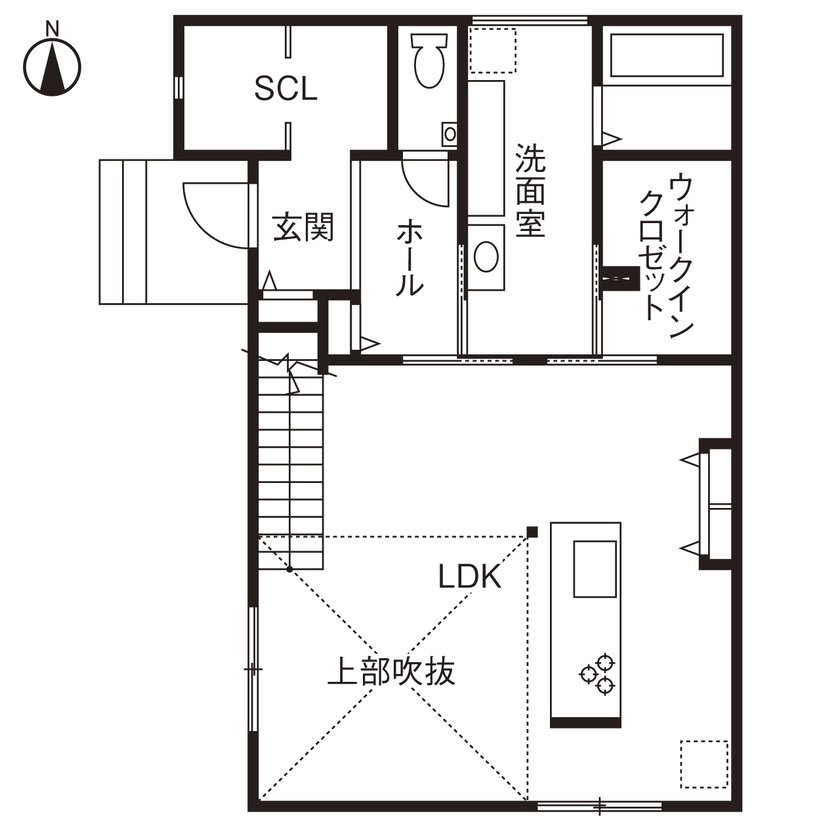 ヤマト住建 【吹き抜け/家事ラク】こだわりを詰め込んだ、アメリカンテイストの住まいの間取り図（2LDK）1階