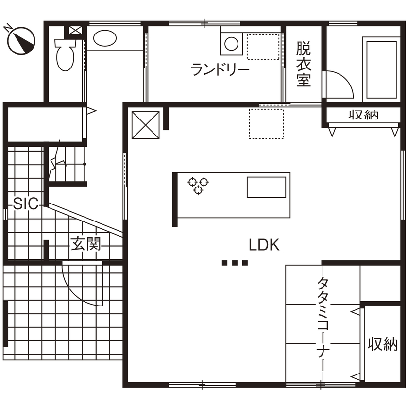 ヤマト住建 【エアフローシステム/長期優良住宅】回遊動線で暮らす、木の温もりを感じる住まいの間取り図（3LDK）1階