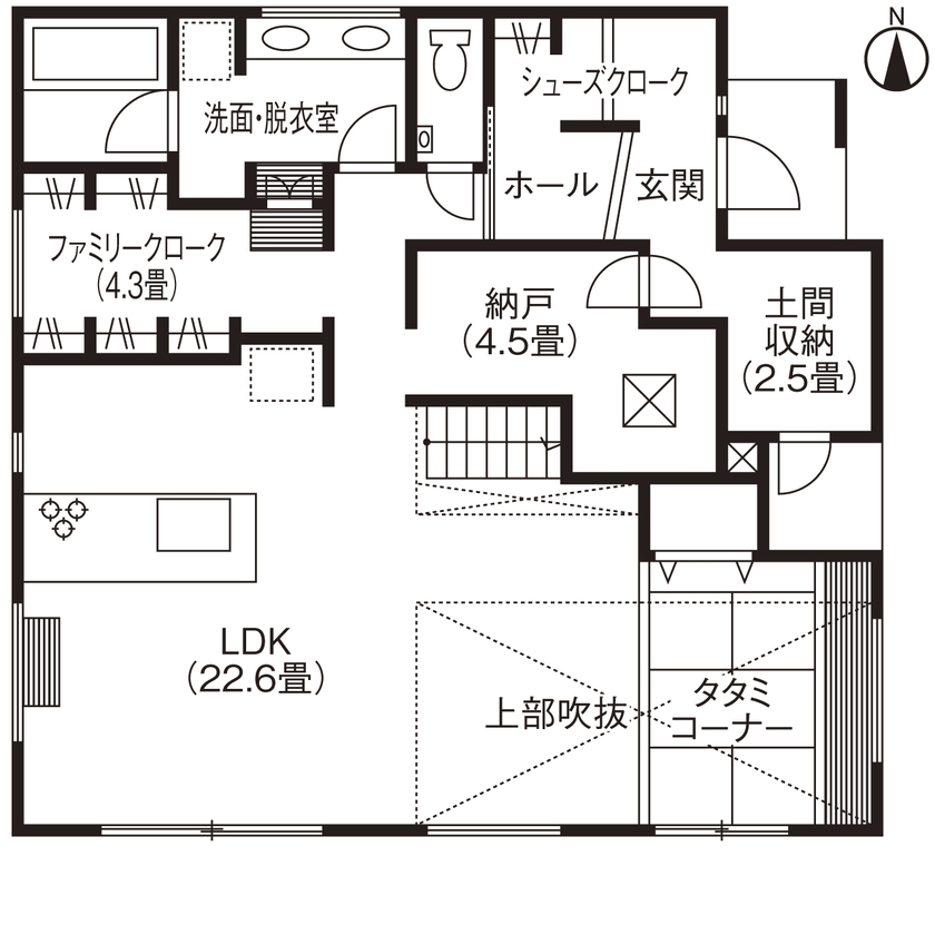 ヤマト住建 【スキップフロア/シアタールーム/吹き抜け】多層空間が愉しい！意匠性＆開放感にあふれた住まいの間取り図（3LDK）1階