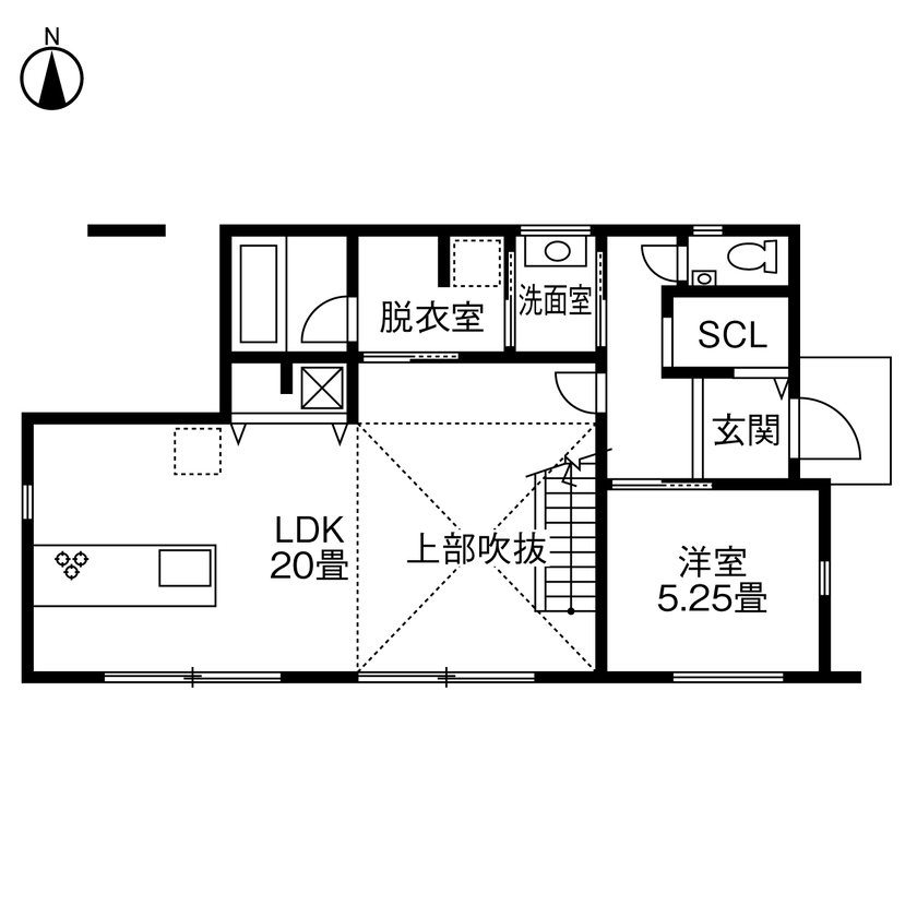 ヤマト住建 【吹き抜け／サロン経営】吹き抜け＆大きな窓が明るさをもたらす、大空間LDKの間取り図（4LDK）1階