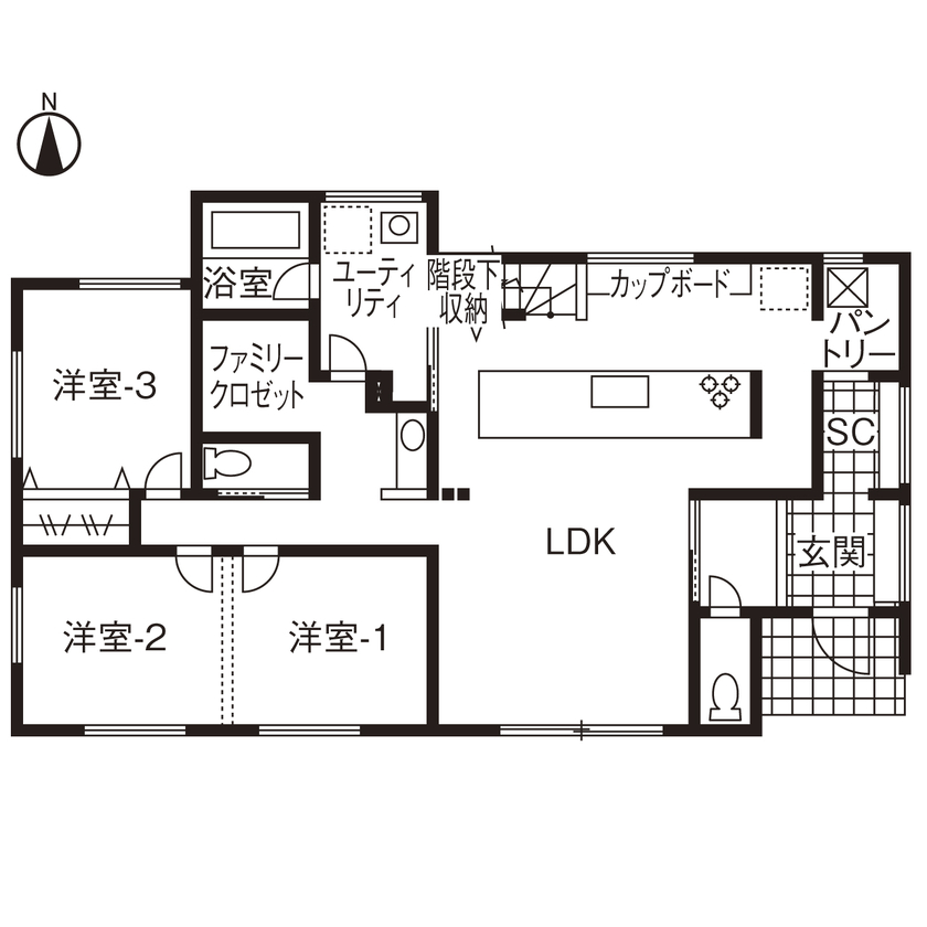 ヤマト住建 栃木県宇都宮市/性能と暮らしやすさを叶えた、こだわりの平屋の間取り図（3LDK）1階