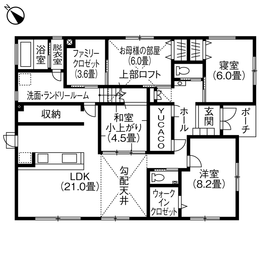 ヤマト住建 岡山県笠岡市/全館空調/光熱費削減も暮らしやすさも叶えた、のびやかな景色を楽しむ平屋の家の間取り図（4LDK）1階