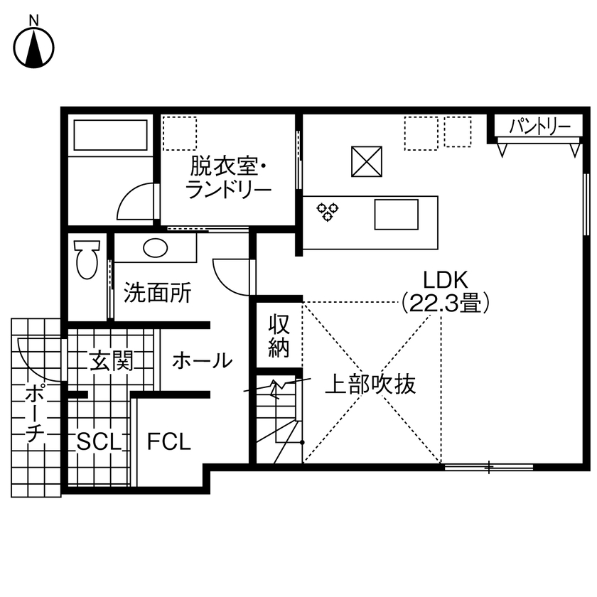 ヤマト住建 大阪府南河内郡/吹抜け/ホテルライクなカッコよさと家事動線の良さに大満足の間取り図（3LDK）1階