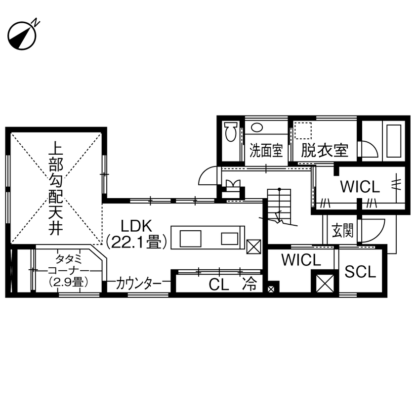 ヤマト住建 兵庫県姫路市/中庭とリビングが一体化。人が大勢集まりくつろげる仕掛けが満載！の間取り図（3LDK）1階
