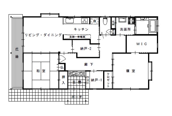 深澤木材 【2500～3000万円/28坪/間取り/無垢/木の家/和室】匠の技が光る選りすぐりの木材が息づく和モダン平屋住宅の間取り図（2LDK）1階