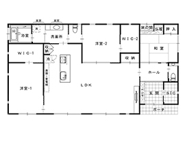深澤木材 【3020万円/40坪/間取り有/平屋】吹き抜け窓で明るさを確保した平屋住まい。二世帯住宅対応で和モダンな家の間取り図（3LDK）1階