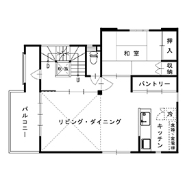 深澤木材 【3200万円/48坪/間取り有】準防火地域の狭小地に建つ、木造3階建て二世帯仕様のビルトインガレージハウスの間取り図（4LDK）2階