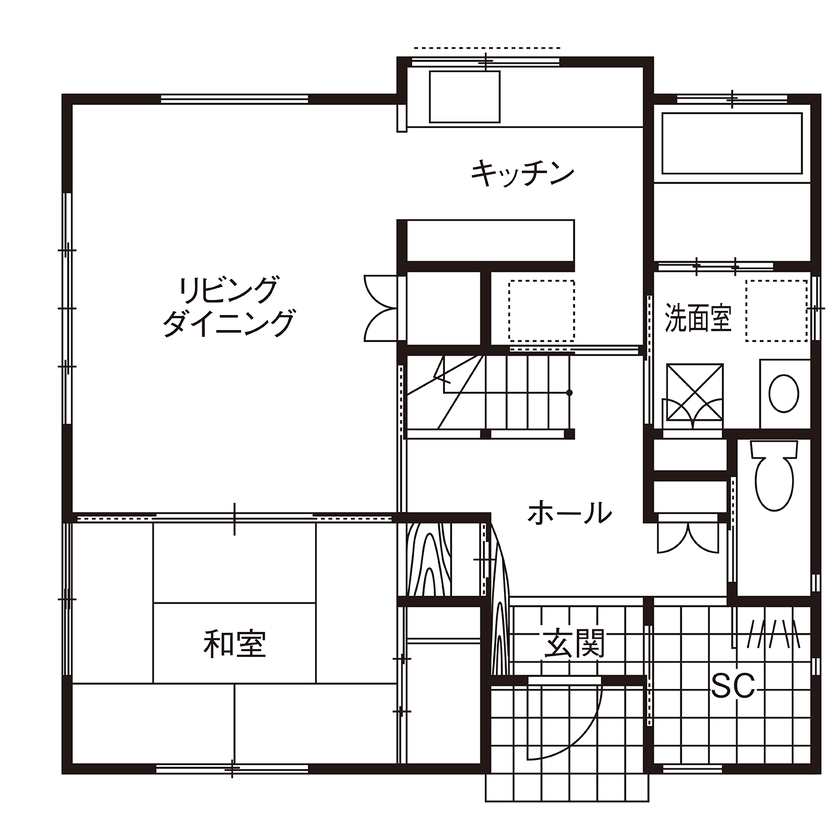 深澤木材 【34坪台/和風/自然素材/造作/間取り図有】たくさん使われた無垢材の雰囲気に心躍る、愛着の増す木の家の間取り図（4LDK）1階