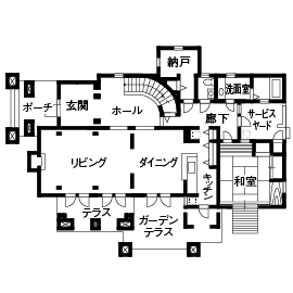 アーバンホーム 【6000万円台/ガレージ/間取り図】大きな中庭のある南仏オールドプロヴァンスのお城のようなかわいいお家の間取り図（4LDK）1階