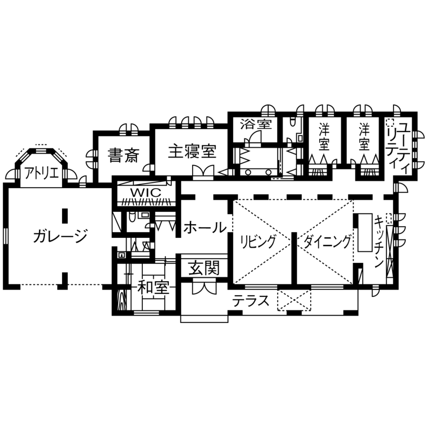 アーバンホーム 【5000万円台/車2台分/ビルトインガレージ/ZEH/間取り図】重厚感あふれるオシャレな北欧テイストの平屋住宅の間取り図（4LDK+書斎+洗濯室）1階