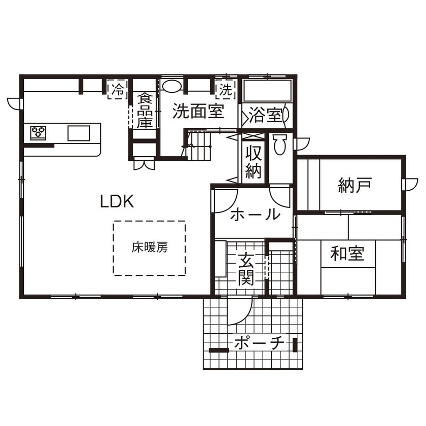 イシンホーム住宅研究会　相生建設 家事のしやすさを追求。余った時間で家族との時間を楽しむ住まいの間取り図（4LDK+納戸）1階