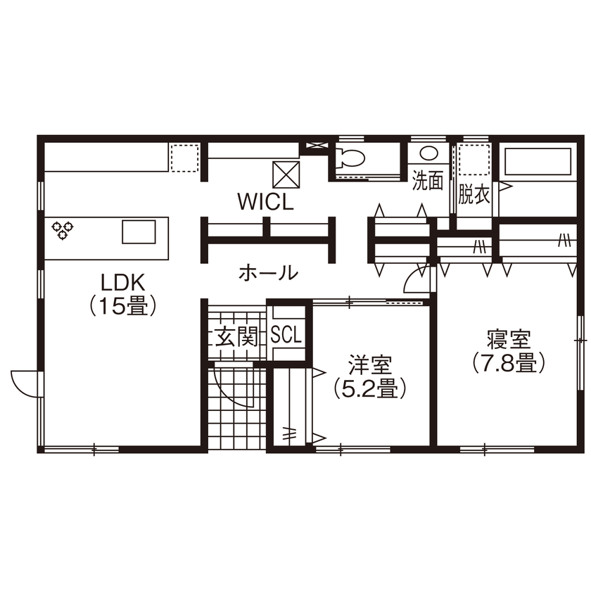 クレスト・ホーム 【平屋/トリプル断熱工法/免震装置】諦め切れなかった夢が実現！キッチンが主役のホテルライクな平屋の間取り図（2LDK）1階