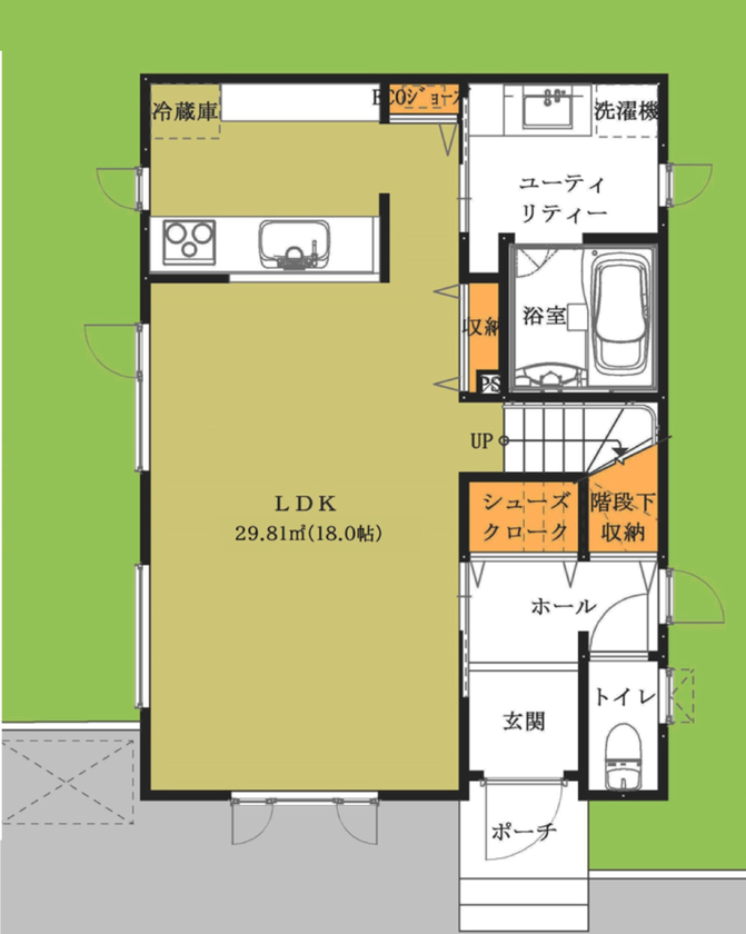 クレスト・ホーム 【トリプル断熱工法/ZEH Oriented住宅/免震装置】２人と３匹が、快適に仲良く暮らす高性能住宅の間取り図（4LDK）1階