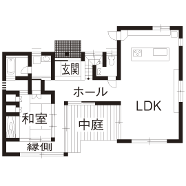 ジブログデザイン 自然素材と間取りの工夫で、10年経っても愛着の湧く回り縁のある家の間取り図（4LDK）1階