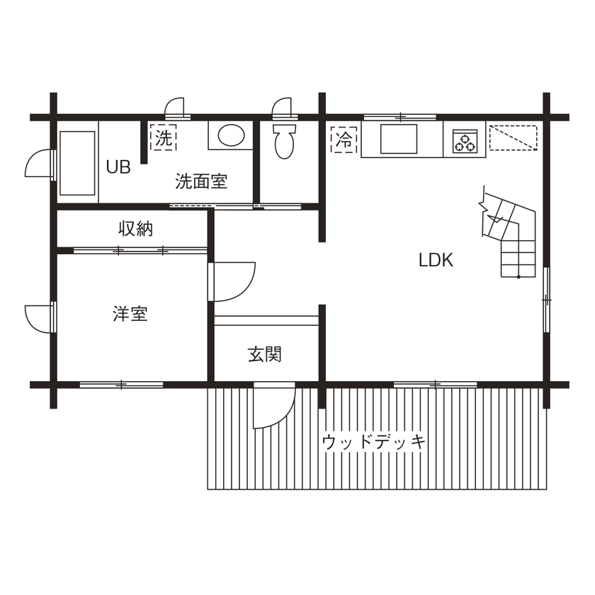 ジブログデザイン 軒の深い大屋根が美しく、シンプルでプロポーションの良いハンドカットのフルログハウスの間取り図（2LDK）
