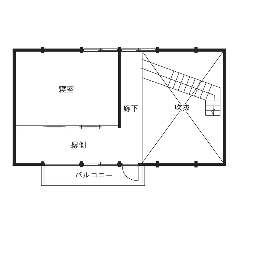 ジブログデザイン 軒の深い大屋根が美しく、シンプルでプロポーションの良いハンドカットのフルログハウスの間取り図（2LDK）