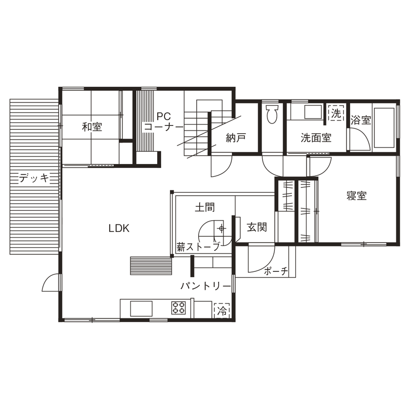 ジブログデザイン 2階建てと平屋のよさを融合した「1.5階建ての家」。家に居ながらにして緑の風を感じる寛ぎの住まいの間取り図（3LDK）1階