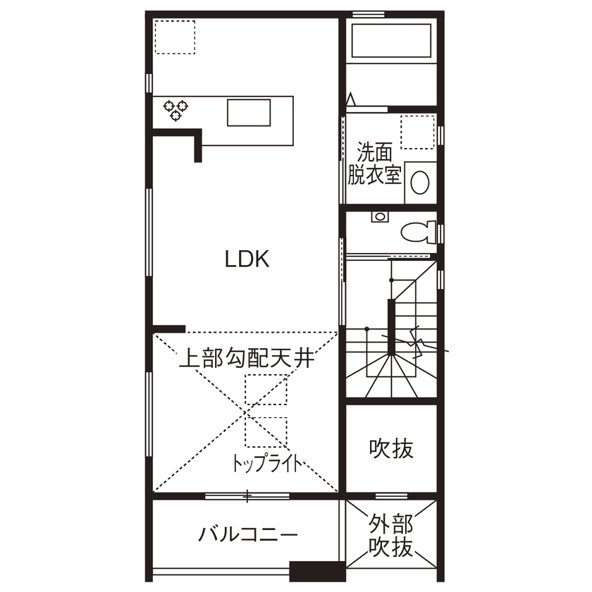 ヤマイチ住建 【大阪市/3階建て/2000万円台】3段折り上げの勾配天井にトップライト。モダンでラグジュアリーな2階LDKの間取り図（2LDK+2S）2階