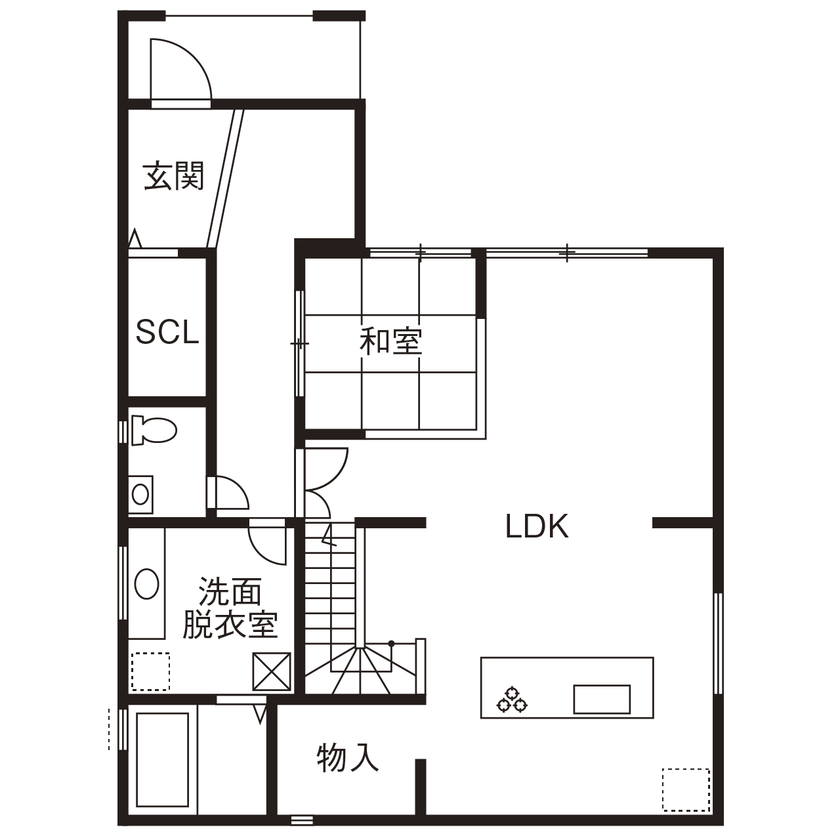 ヤマイチ住建 【東大阪市/3000万円台】天窓から光が注ぐ、アイランドキッチンのあるLDK。バルコニーでBBQも楽しめるの間取り図（3LDK+2S+WCL+SCL）1階