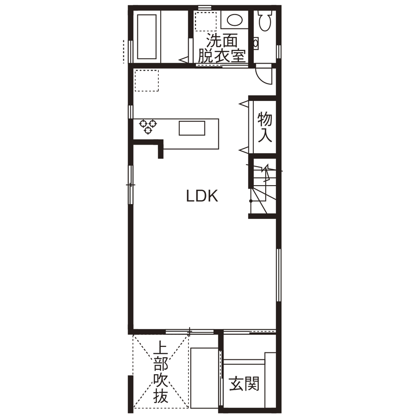 ヤマイチ住建 【大阪市/3階建て/2000万円台】白いフロアに黒いキッチン。光のラインが形づくるクールモダンな住まいの間取り図（2LDK+2S+WCL）1階