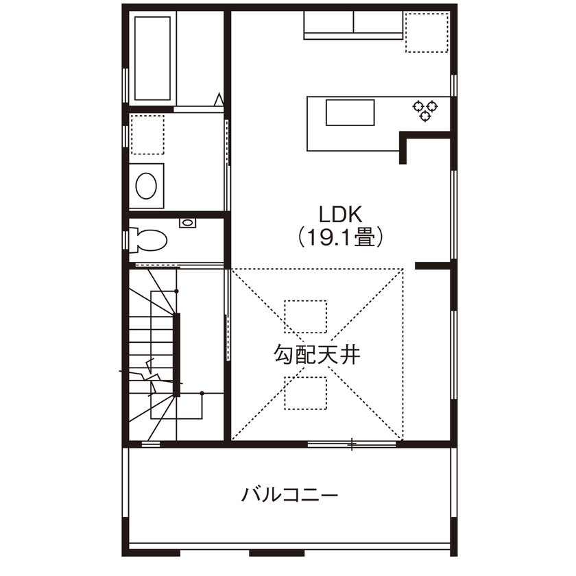ヤマイチ住建 【大阪市/2000万円台/狭小/3階建て】勾配天井×トップライトで開放感たっぷりにくつろげるLDKの間取り図（2LDK+納戸）2階