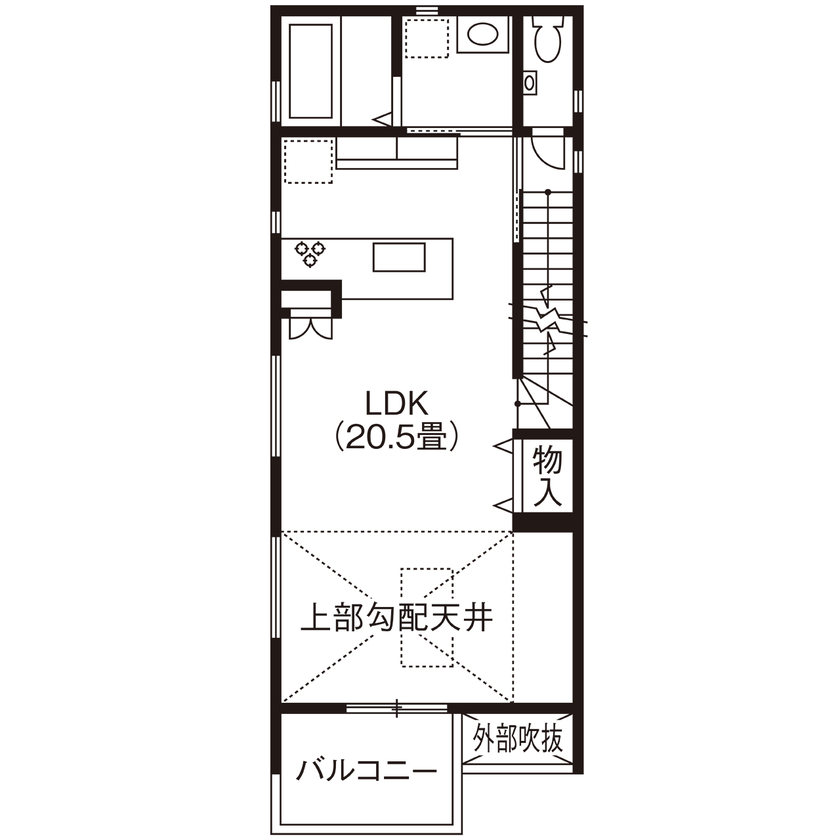 ヤマイチ住建 【大阪市/2000万円台/狭小/3階建て】トップライト付きの開放的な2階LDKでゆったりとくつろげる上質な邸宅の間取り図（2LDK+タタミ置場+納戸）2階