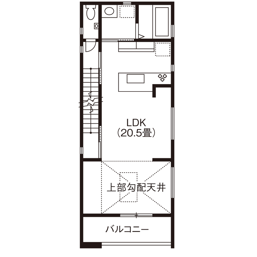 ヤマイチ住建 【大阪市/2000万円台/狭小/3階建て】トップライトから自然光が射し込む2階LDK。高級感あふれる住まいの間取り図（2LDK+タンス置場+納戸）2階