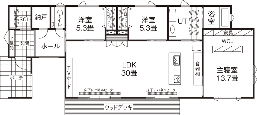 住研ハウス 【苫小牧市/3人家族(子ども1人)/3LDK間取図】LDK30畳でも年中家じゅう快適、高気密高断熱な平屋の家の間取り図（3LDK）１階