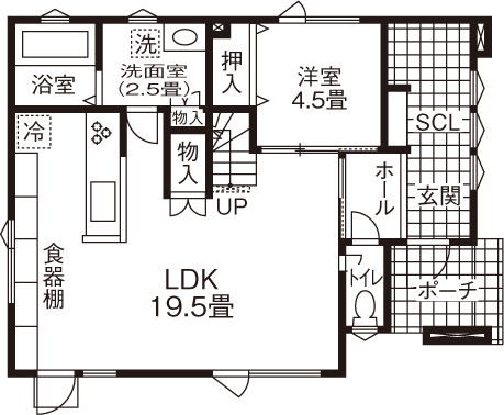 住研ハウス 【苫小牧市/3人家族/4LDK間取図】サーフボードをディスプレイできる玄関土間収納、ナチュラルテイストな家の間取り図（4LDK）１階