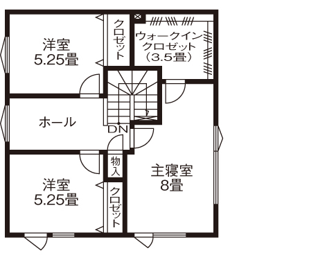 住研ハウス 【苫小牧市/3人家族/4LDK間取図】サーフボードをディスプレイできる玄関土間収納、ナチュラルテイストな家の間取り図（4LDK）２階
