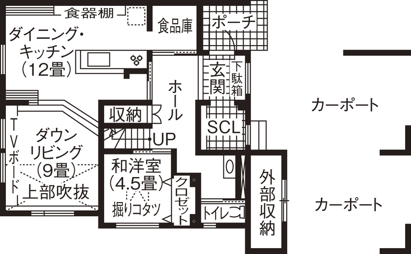 住研ハウス 【苫小牧市/30代夫婦＋ペット/3LDK間取図】組み込みガレージ(カーポート)と広々ピットリビングのある家の間取り図（3LDK）1階