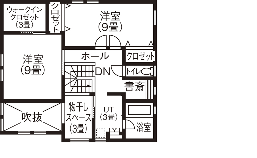住研ハウス 【苫小牧市/30代夫婦＋ペット/3LDK間取図】組み込みガレージ(カーポート)と広々ピットリビングのある家の間取り図（3LDK）2階