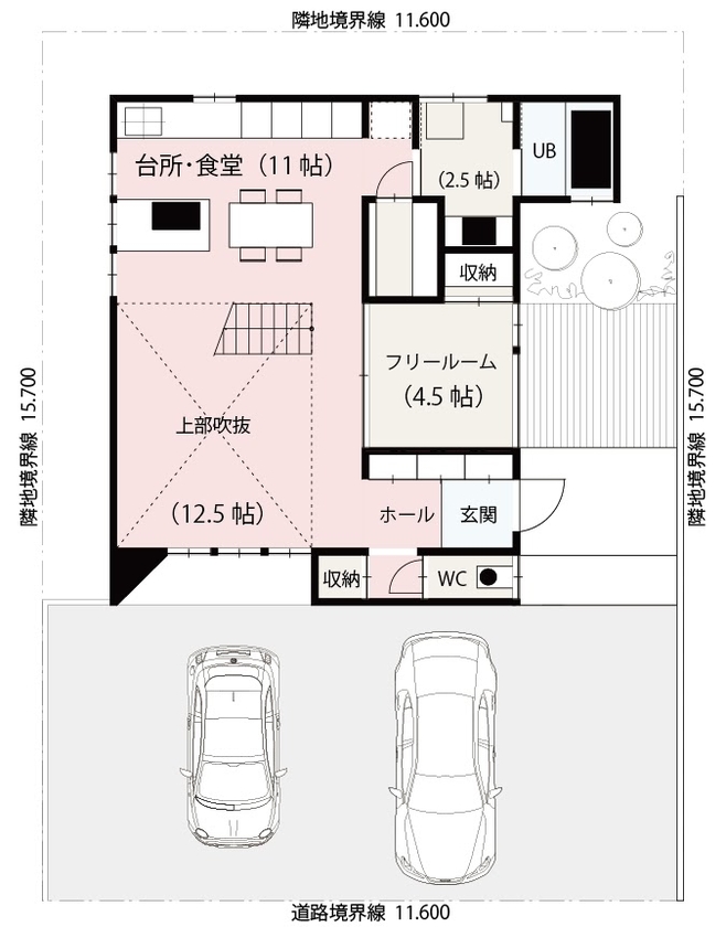 住研ハウス 【札幌市/3LDK間取図/子ども3人/中庭】空間をわけるリビング階段。吹抜けと大きな窓でも年中快適な家の間取り図（3LDK）１階