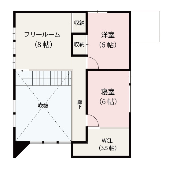 住研ハウス 【札幌市/3LDK間取図/子ども3人/中庭】空間をわけるリビング階段。吹抜けと大きな窓でも年中快適な家の間取り図（3LDK）２階