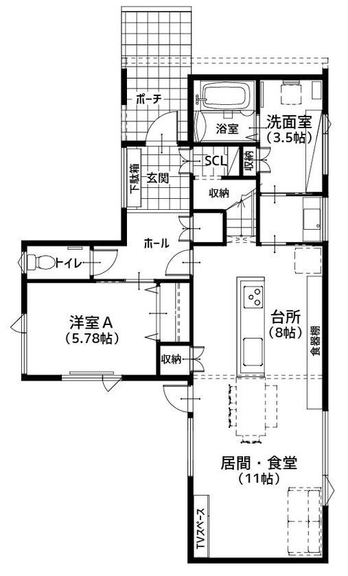 住研ハウス 【苫小牧市/4LDK間取図/アイランドキッチン/収納豊富】開放的な斜め天井で寛ぎリビングの家の間取り図（4LDK）１階