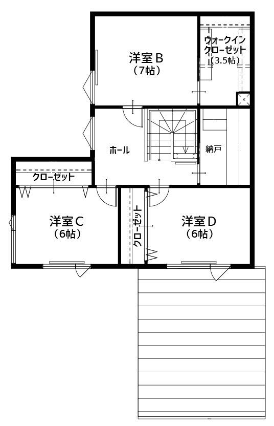 住研ハウス 【苫小牧市/4LDK間取図/アイランドキッチン/収納豊富】開放的な斜め天井で寛ぎリビングの家の間取り図（4LDK）２階