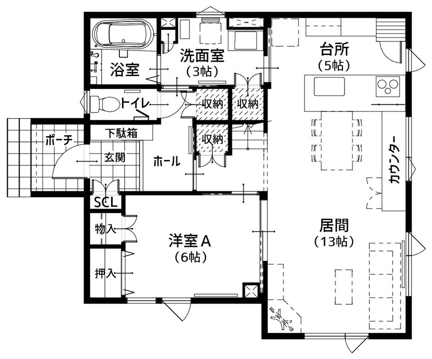 住研ハウス 【千歳市/4LDK間取図/カウンター】断熱仕様パントリーのある奥様の理想のキッチンを実現した家事ラクの家の間取り図（4LDK）１階