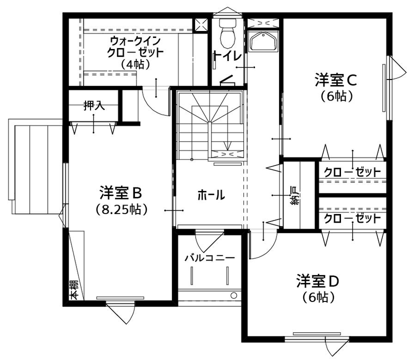 住研ハウス 【千歳市/4LDK間取図/カウンター】断熱仕様パントリーのある奥様の理想のキッチンを実現した家事ラクの家の間取り図（4LDK）２階