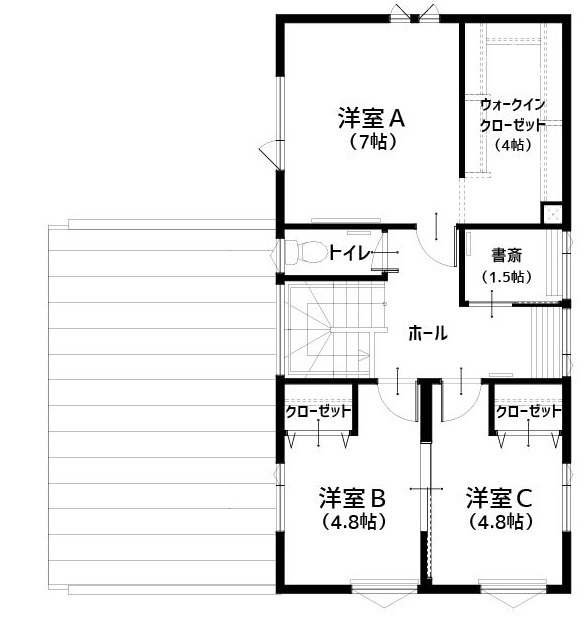 住研ハウス 【苫小牧市/4LDK間取図/20代で建てた家/小上がり和室】夫婦の書斎・趣味スペースのあるゆったり寛げるお家の間取り図（4LDK）２階