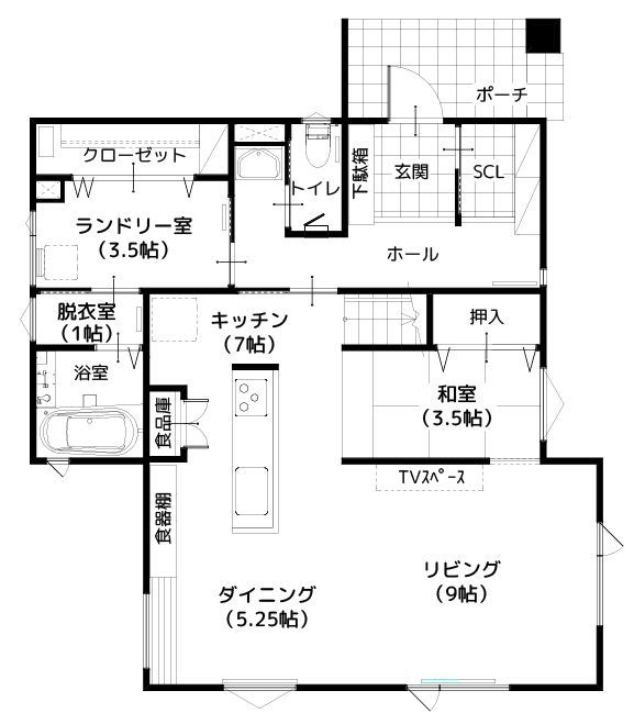 住研ハウス 【千歳市/4LDK間取図/書斎/和室】プライベートスペースの動線が配慮された、いつでも人が呼べる家の間取り図（4LDK）1階