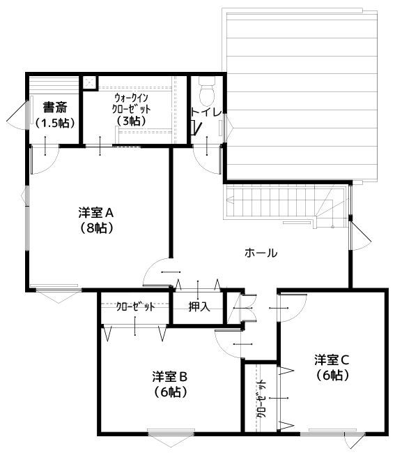 住研ハウス 【千歳市/4LDK間取図/書斎/和室】プライベートスペースの動線が配慮された、いつでも人が呼べる家の間取り図（4LDK）2階