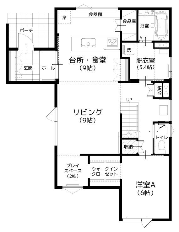 住研ハウス 【苫小牧市/3LDK間取図】暮らしやすさにこだわって。将来を見据え１階で動線が完結するホテルライクな家の間取り図（3LDK）１階