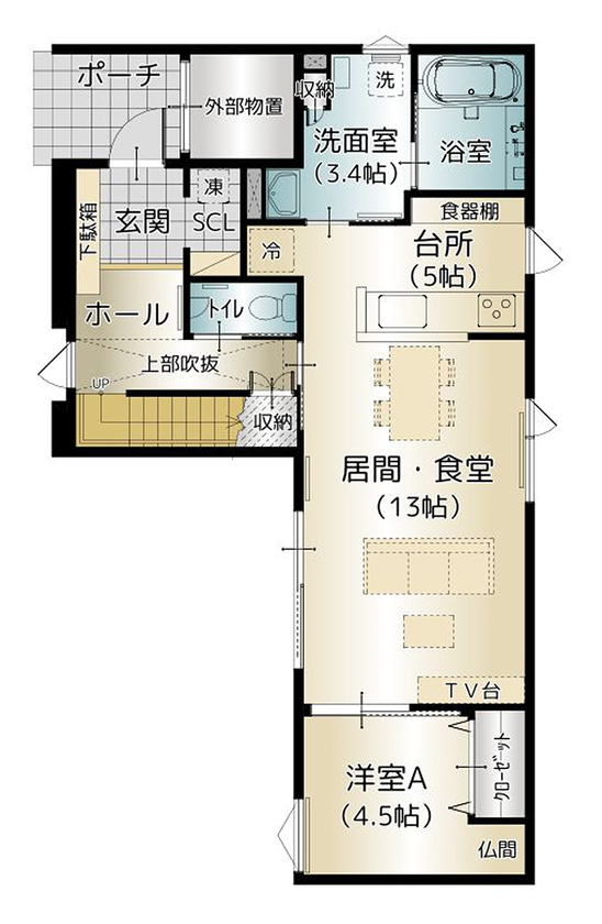 住研ハウス 【苫小牧市/5LDK間取図/3世代】家族それぞれが快適に。心地よさとシンプルが調和する理想の住まいの間取り図（5LDK）1階