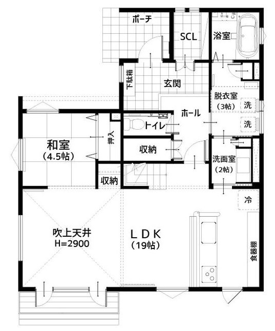 住研ハウス 【苫小牧市／4LDK+書斎／間取り図】内装・外壁材に木を使用した暖かみのある住まい、20代で建てた家の間取り図（4LDK+書斎）1階