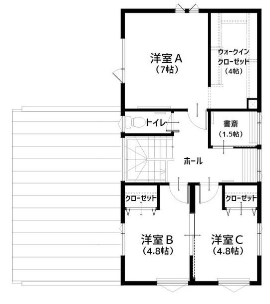住研ハウス 【苫小牧市／4LDK+書斎／間取り図】内装・外壁材に木を使用した暖かみのある住まい、20代で建てた家の間取り図（4LDK+書斎）2階
