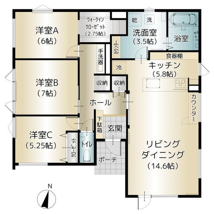住研ハウス 【千歳市/3LDK間取図/平屋】家族の夢を叶える、こだわり満載の平屋の間取り図（3LDK）1階
