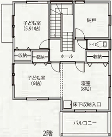 山根木材 天井高4ｍの開放感あふれる明るいリビング。自然とみんなが集まる「子育てを愉しむ家」　の間取り図（4LDK）2階