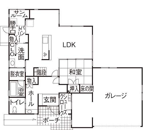 ワイケイホーム 【3000万円台×広々としたインナーガレージ】家事を楽しくする、動線と明るさにこだわった家の間取り図（3LDK）1階