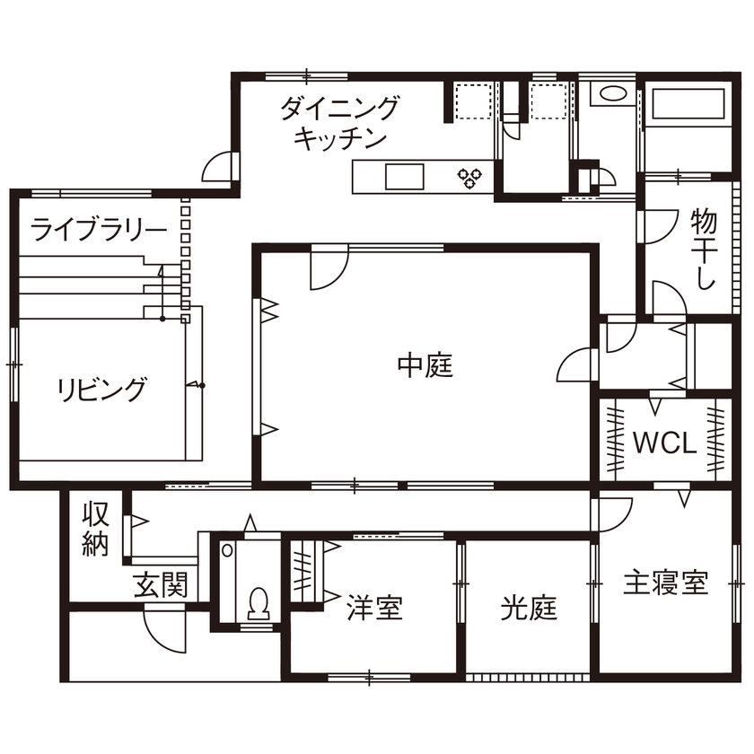 アートハウス 2500万円×東近江市|平屋のデザイナーズ住宅。風を感じながらまったりと過ごす、中庭のある家の間取り図（2LDK）1階